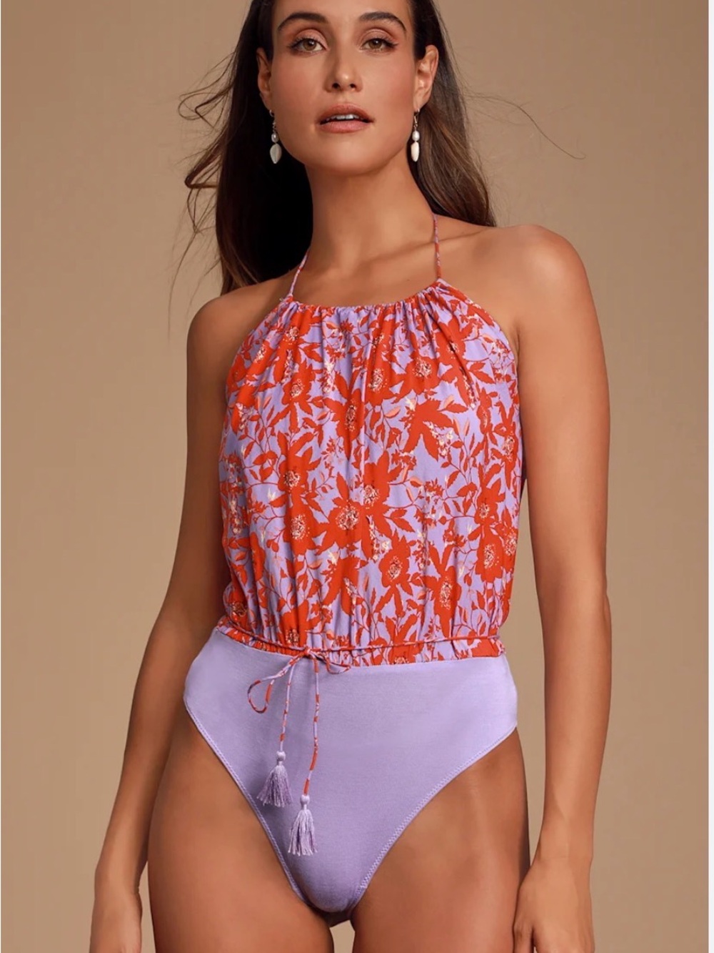 NWOT Free People Intimately Liza Purple Multi Floral Print Halter Bodysuit SZ L